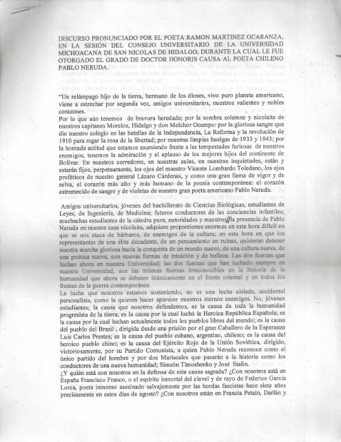 DISCURSO PRONUNCIADO POR EL POETA RAMON MARTINEZ OCARANZA